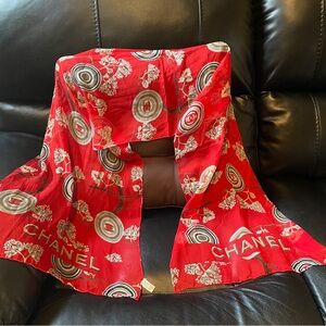 Chanel Red and White Floral Silk Scarf EUC 60” by 17”